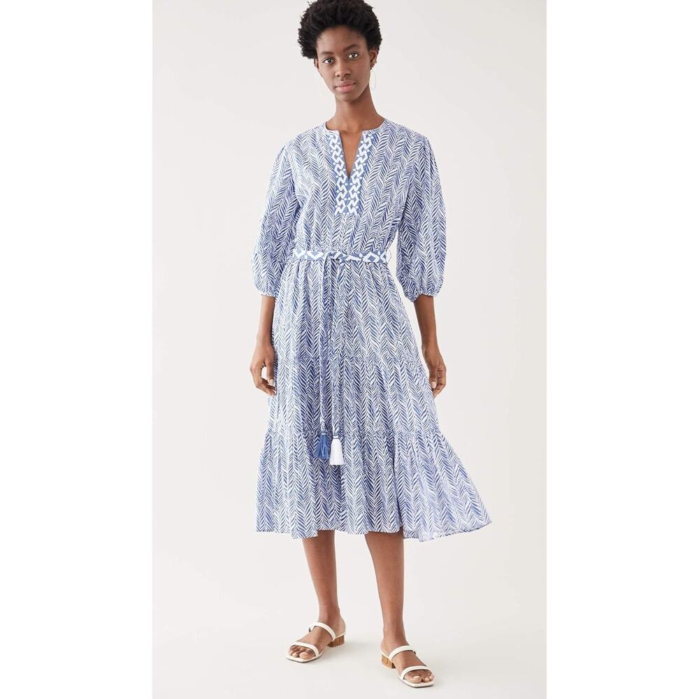 Shoshanna Sunset Midi Belted Tassel Tiered Blue and White Dress Size Small